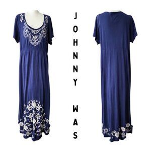 JOHNNY WAS Blue Embroidered Long Cotton Boho Maxi Dress - Women's Plus Size 2X